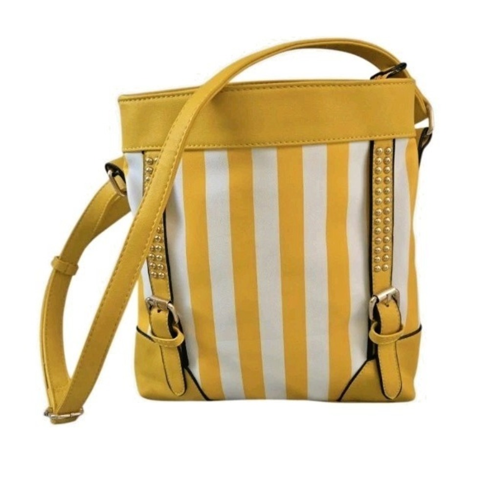 Yellow Stripe Shoulder Bag Studded Buckles Pockets Zip Adjustable Strap Satchel
